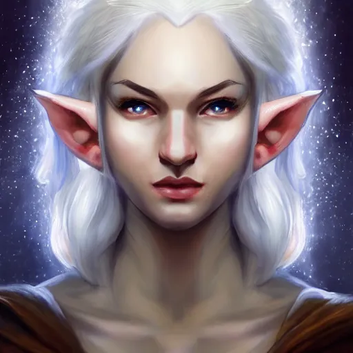 Image similar to Beautiful white haired aged fair skinned scholar elf with spell scroll and lightning background, realistic eyes, full body, symmetrical, realism, digital painting, detailed artwork, portrait, mythical, artstation, high quality