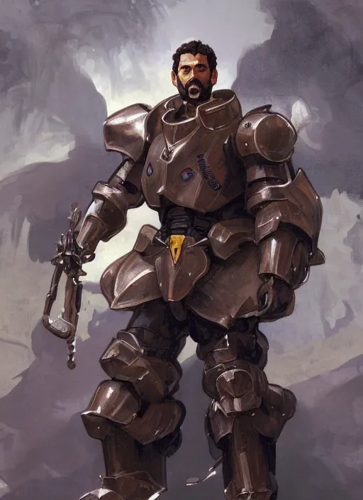 Prompt: medium-length portrait of a male paladin with short curly hair and a dark beard, dark brown skin, happy expression, wears a suit of power armor, gundam, medieval setting, highly detailed, digital painting, artstation, concept art, sharp focus, illustration, art by greg rutkowski and alphonse mucha