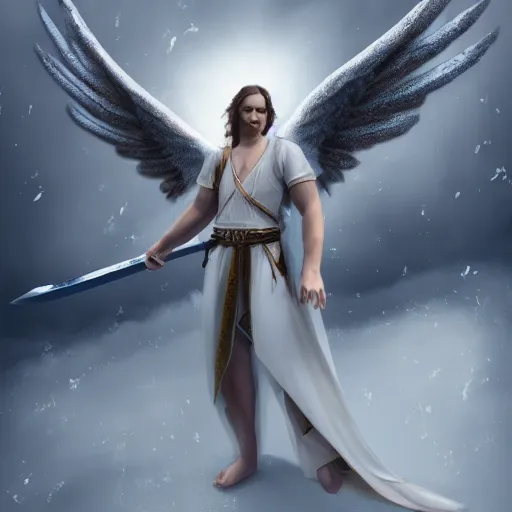 Image similar to angel with big bright white wings, coming down from the sky, holding sword in his arms, hyper realistic, 4 k