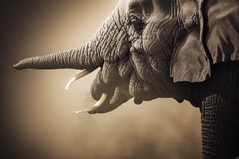 Image similar to ultra realistic nature photography, picture of ( subject : an elephant blowing smoke ). the scene is set in a cigar lounge, a very smokey atmosphere, small thick clouds of cigar smoke, artstation, focus on the elephant, extremely detailed and crisply sharp photo, hyperrealistic smoke, figma, sigma, 4 k