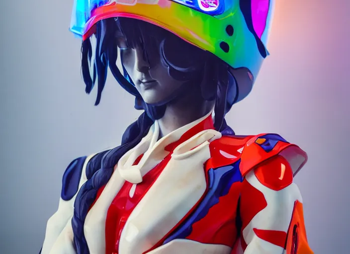 Image similar to extremely beautiful photo of a white marble statue of an anime girl with colorful motocross logos and motorcycle helmet with closed visor, colorful smoke in the background, carved marble statue, fine art, neon genesis evangelion, virgil abloh, offwhite, denoise, highly detailed, 8 k, hyperreal