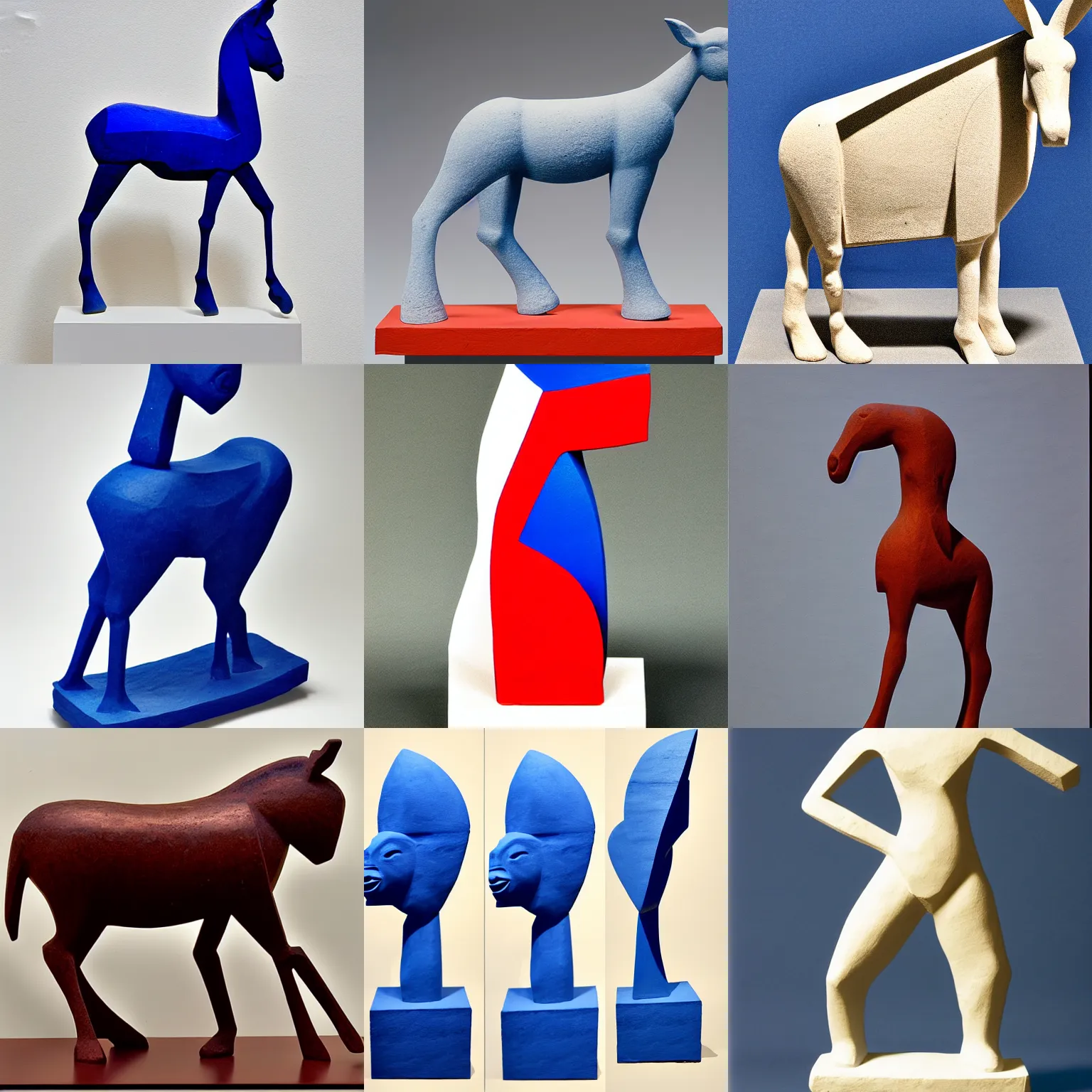 Prompt: standing donkey!!! cycladic sculpture against white background, duotone lithograph, ultramarine blue and red iron oxide