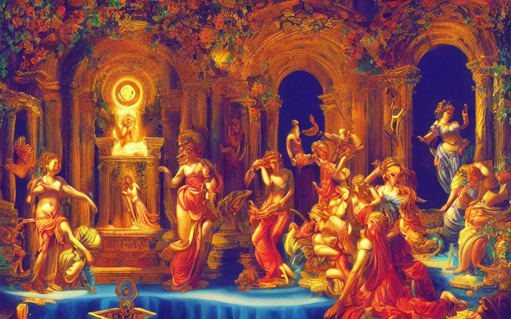 Image similar to holy deva altar of inspiration glowing Greek muses, divine inspiration (hubris) lunar mythos, award winning oil painting, chromatic aberration bright sharp color palette