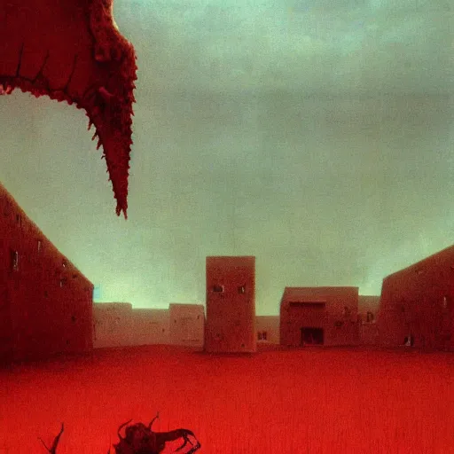 Image similar to an atmosperic photo by Zdzisław Beksiński of a monstrous , red , bleeding giant causing chaos upon an unsuspecting village