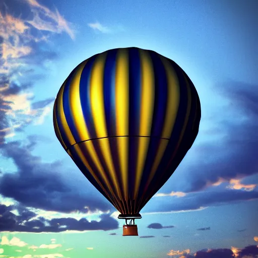 Image similar to steampunk hot air balloon, skimming on top of clouds, intricate, sunset, beautiful composition. 3 d render