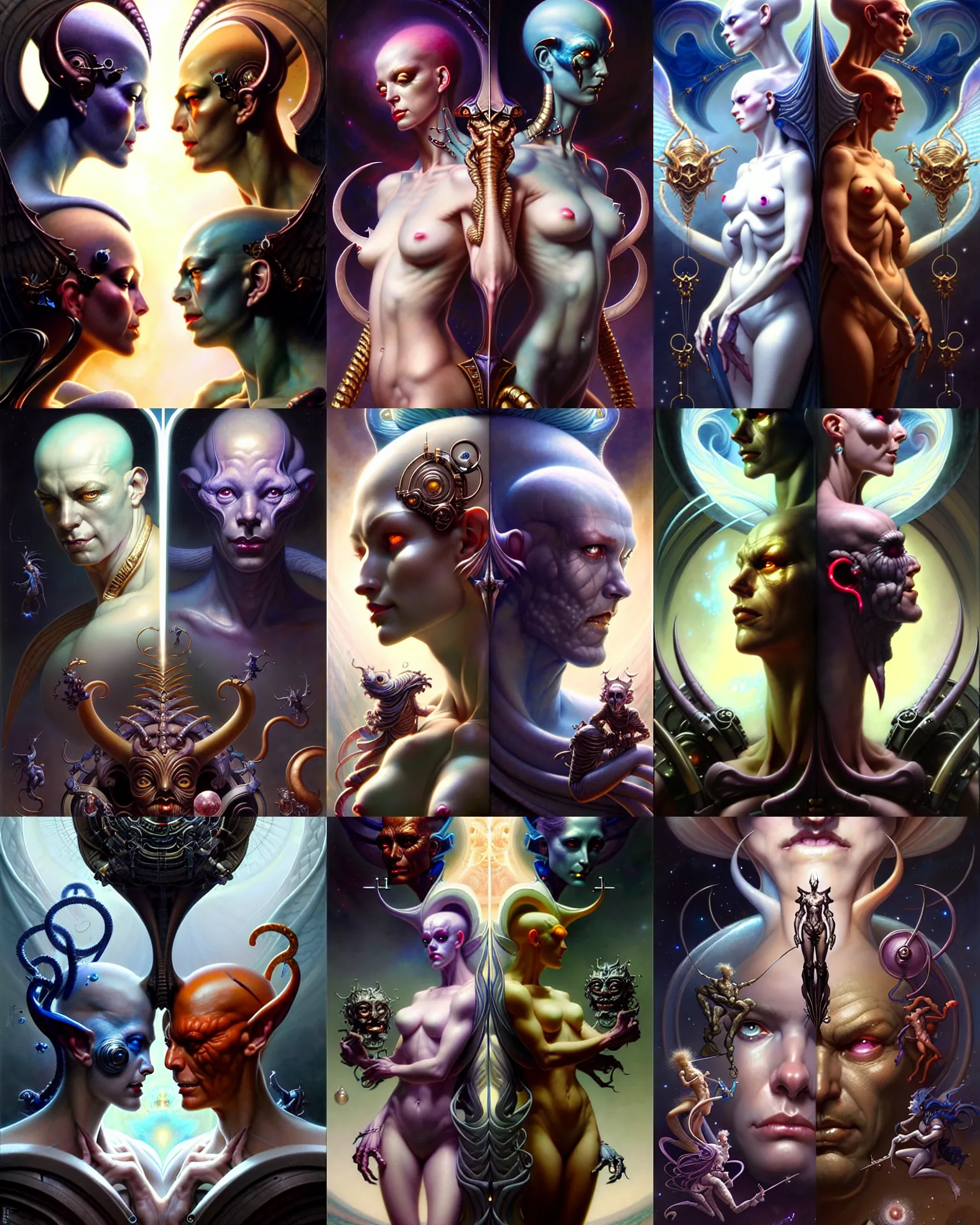 Image similar to beautiful gemini good and evil, happy and sad faces, fantasy character portrait, ultra realistic, wide angle, intricate details, the fifth element artifacts, highly detailed by peter mohrbacher, boris vallejo, hajime sorayama, wayne barlowe, aaron horkey, gaston bussiere, craig mullins