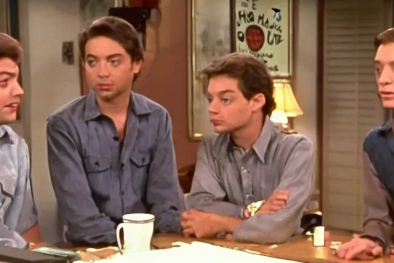 Image similar to topher grace in that 7 0 s show meeting tobey maguire and eminem, screencap, 4 k