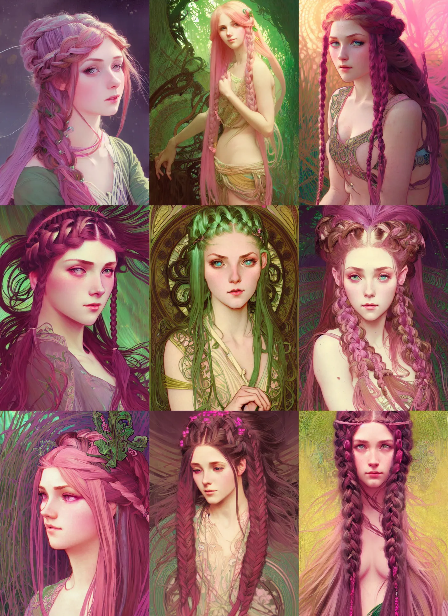 Prompt: young woman with green eyes and long pink hair in braids, intricate, cinematic lighting, highly detailed, digital painting, pixiv, concept art, smooth, sharp focus, illustration, by alphonse mucha