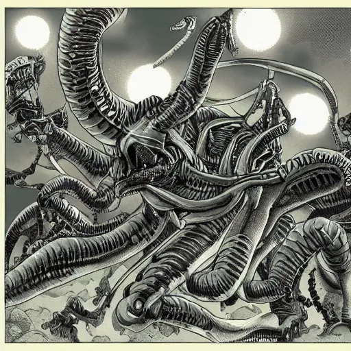 Image similar to Xenomorphs taking over Moscow by Kentaro Miura