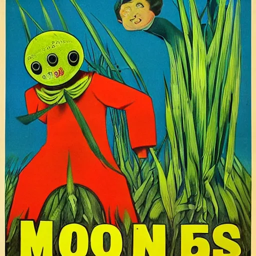 Prompt: a 1960s soviet propaganda poster about the dangers of corn monsters that frighten children