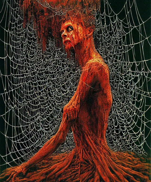 Prompt: a woman standing all covered in spiders. arachnophobia, fear of spiders, incredible number of spiders. extremely high details, many spider paws and eyes, realistic, horror, creepy, web, masterpiece, colorful art by zdzislaw beksinski, arthur rackham, dariusz zawadzki, ed binkley