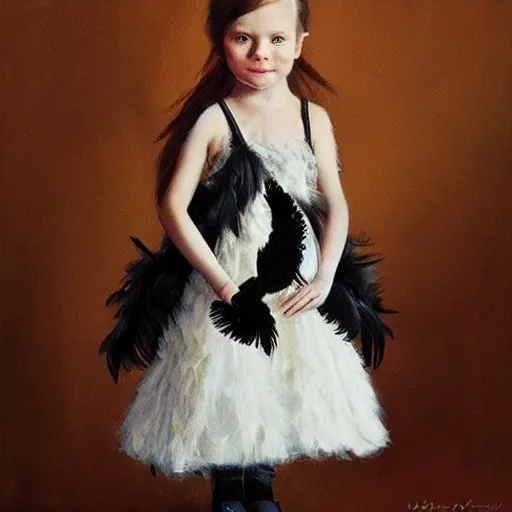 Image similar to little girl wearing an dress made of black feathers, artwork made by ilya kushinov