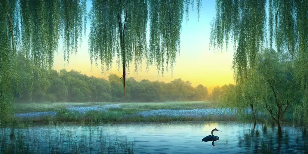 Prompt: a majestic blue heron in shallow river, waterfalls in distance, willow trees, cherry blosom trees, lily pads, bullrushes, marsh, clouds, golden hour, intricate, luminescent matte painting, highly detailed, artstation