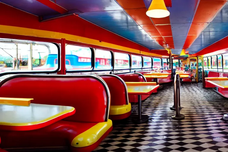 Prompt: 1 9 7 5 googie train themed classic american diner, people sitting at tables, googie architecture, one point perspective, americana, restaurant interior photography, hd 4 k, taken by alex webb