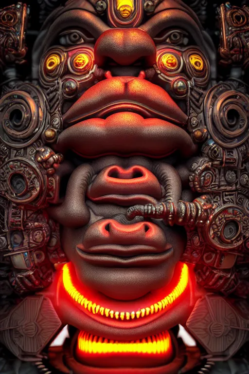 Image similar to high quality 3 d render post - rococo cyberpunk hanuman! head building, neon madhubani, open mouth, highly detailed, in sci - fi mumbai, cinematic smooth unreal engine, lee madgwick & liam wong, dramatic light, low angle, uhd 8 k, sharp focus