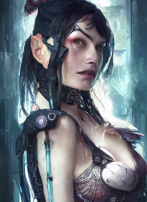 Image similar to a beautiful illustration of cyberpunk elven harley quinn, black hair, intricate, sharp focus, illustration, highly detailed, digital painting, concept art, matte, art by wlop and artgerm and greg rutkowski and alphonse mucha, masterpiece