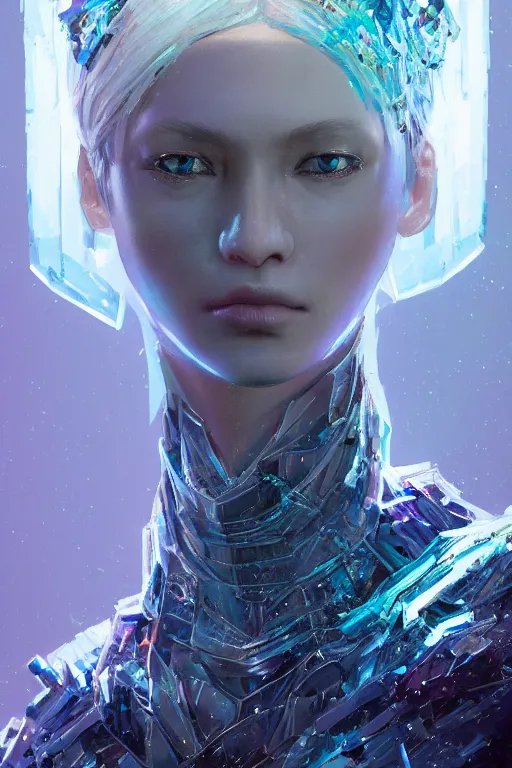 Image similar to A fancy portrait of a crystalized human by Greg Rutkowski, beeple, Sung Choi, Mitchell Mohrhauser, Maciej Kuciara, Johnson Ting, Maxim Verehin, Peter Konig, final fantasy, macro lens, 35mm, 8k photorealistic, cinematic lighting, HD, high details, dramatic, dark atmosphere, trending on artstation