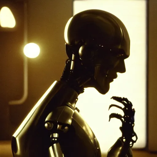 Image similar to movie scene of a man with a robot head, movie still, cinematic composition, cinematic light, criterion collection, reimagined by industrial light and magic, Movie by David Lynch and Ridley Scott