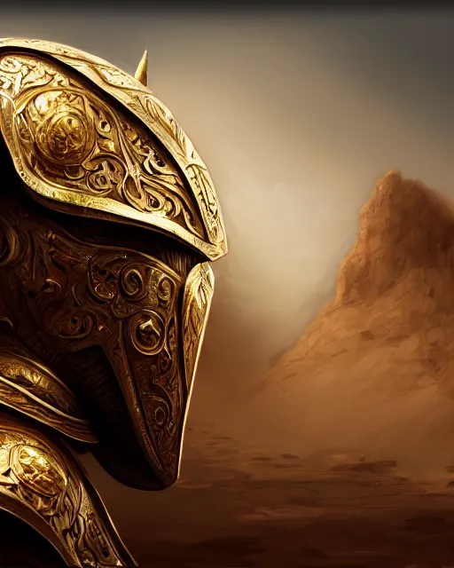 Image similar to realistic side view painting of the king of the desert, angry, wide angle, gold armour, sword, dramatic lighting, intricate, wild, highly detailed, digital painting, artstation, concept art, smooth, sharp focus, illustration