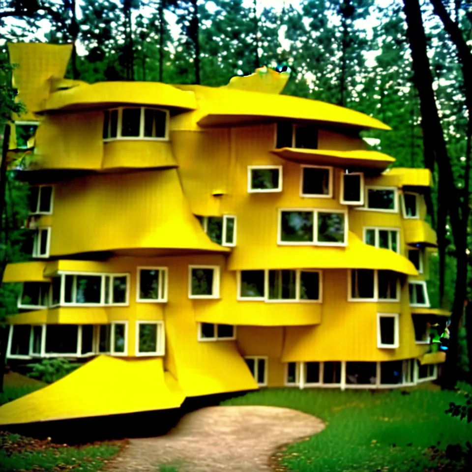 Prompt: a flat leveled mid-century modern house with big tiles in a forest, designed by Frank Gehry. Film grain, cinematic, yellow hue