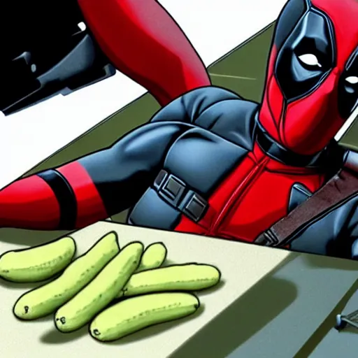 Image similar to movie still of deadpool as a pickle sitting on a workbench, high resolution, cartoon