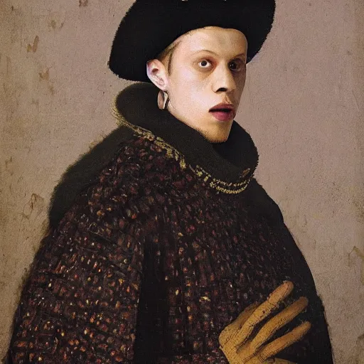Prompt: A surreal portrait painting of Pete Davidson dressed in medieval attire by Rembrandt