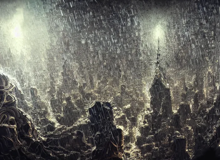 Image similar to complex dark quaternion nonregular nonconvex fractal full of human head within drops flowing from it down, dark city burning background, hyperdetailed, hyperrealism, atmospheric