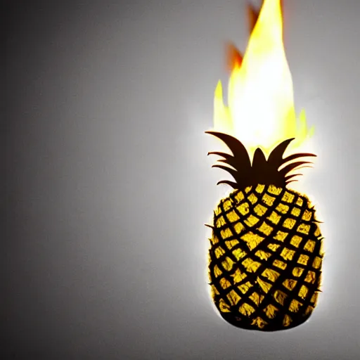 Image similar to hyper realistic, studio photography, good ilumination of a burning pineapple