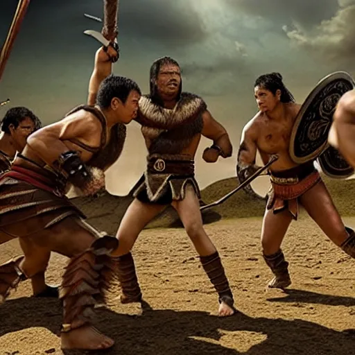 Image similar to amazon warriors fighting in the arena, cinematic, highly detailed, action movie