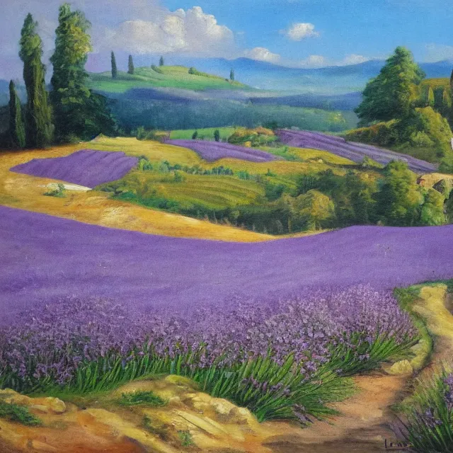 Image similar to lavander field in italian landscape, oil painting