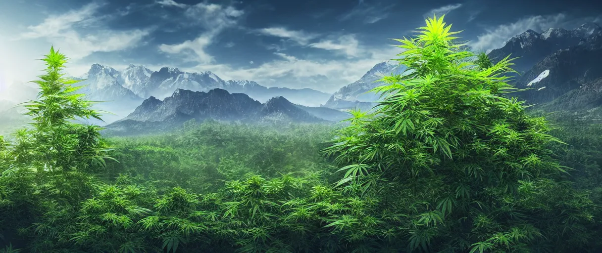 Prompt: realistic massive cannabis trees with cannabis leaves, mountains, river, landscape, hadron antimatter vacuum reactor laboratory, photo, concept art, universe in the sky, cinematic lighting, 4k, wide angle, warm tones, Earth,