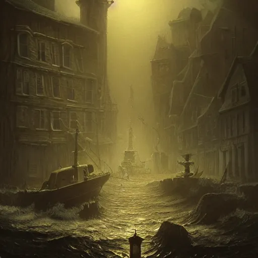 Prompt: shadow over innsmouth by h. p. lovecraft, painted by seb mckinnon, high detail, dramatic light, digital art, painted by greg rutkowski, promotional movie posterart, trending on artstation