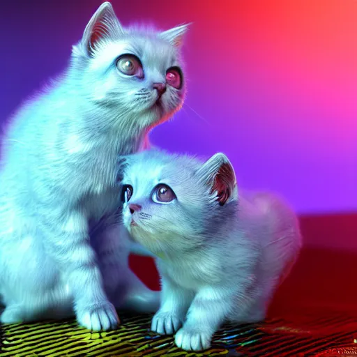 Image similar to iridescent kittens cyperpunk 2 0 7 7, unreal engine 5, 8 k ultra realistic, hyperdetailed, volumetric lighting, extremely high quality