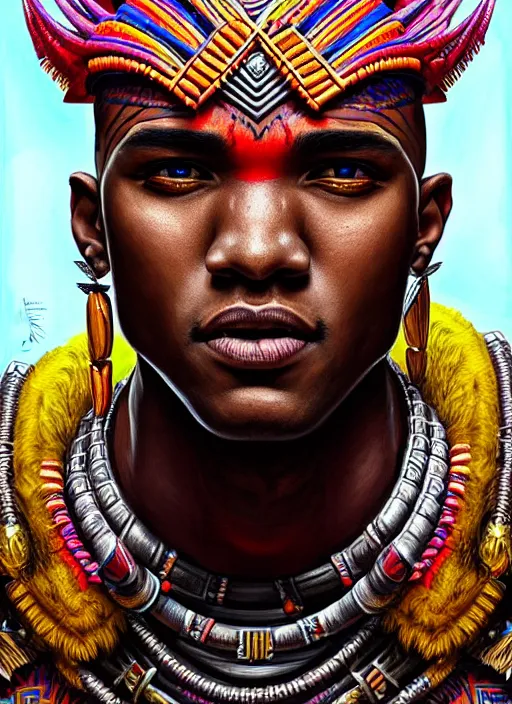 Image similar to portrait of jessie usher, hyper detailed ultra sharp aztec shaman warrior. trending on artstation, warpaint aesthetic, bloodwave, colorful, psychedelic, ornate, intricate, digital painting, concept art, smooth, sharp focus, illustration, art by artgerm and greg rutkowski and h. r. giger, 8 k