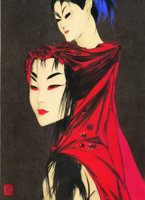 Image similar to portrait of mighty korean vampiress, jeweled veil, strong line, saturated color, beautiful! coherent! by frank frazetta, high contrast, minimalism