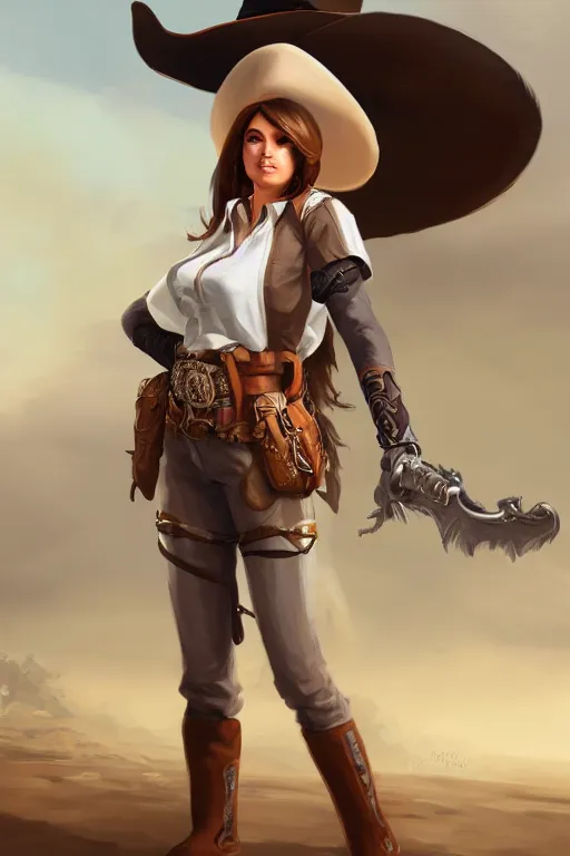 Image similar to full body, female cowgirl, perfect face, white blouse, long rifle, 8 k, magic the gathering, desert, d & d, artstation