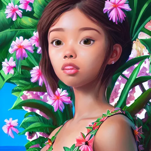 Prompt: A detailed and intricately painted scene of a girl looking at a beautiful Hawaiian landscape of flowers and clear blue waters, featured on ArtStation, trending on ArtStation, cgsociety, trending on 500px, deviantart