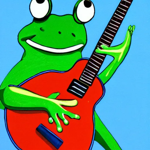 Prompt: frog playing on guitar, blue background, modern