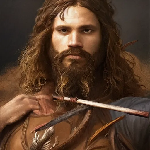 Image similar to renaissance full body portrait of a gruff ranger with a spear, lean and toned, handsome face, hairy chest and hairy body, D&D, intricate, elegant, highly detailed, digital painting, artstation, concept art, matte, sharp focus, chiaroscuro, well list, illustration, art by Da Vinci, Artgerm and Greg Rutkowski and Alphonse Mucha