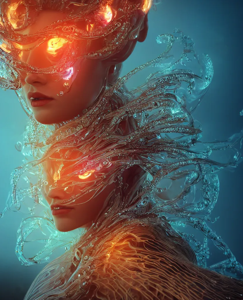 Image similar to close-up macro portrait of the face of a beautiful princess, epic angle and pose, symmetrical artwork, 3d with depth of field, blurred background, cybernetic jellyfish female face skull phoenix bird, translucent, nautilus, energy flows of water and fire. a highly detailed epic cinematic concept art CG render. made in Maya, Blender and Photoshop, octane render, excellent composition, cinematic dystopian brutalist atmosphere, dynamic dramatic cinematic lighting, aesthetic, very inspirational, arthouse. y Greg Rutkowski, Ilya Kuvshinov, WLOP, Stanley Artgerm Lau, Ruan Jia and Fenghua Zhong