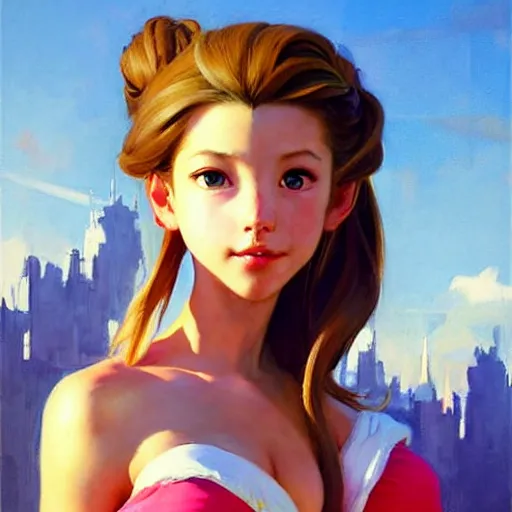 Prompt: Greg Manchess portrait painting of Aerith Gainsborough from FFVII as Overwatch character, medium shot, asymmetrical, profile picture, Organic Painting, sunny day, Matte Painting, bold shapes, hard edges, street art, trending on artstation, by Huang Guangjian and Gil Elvgren and Sachin Teng