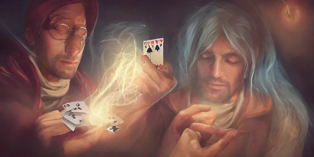 Prompt: wizard shuffling cards, cardistry, fantasy, digital art, soft lighting, concept art, 8 k
