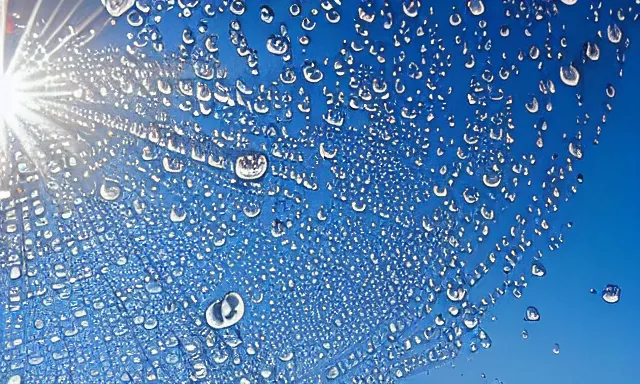 Image similar to beautiful picture of a sunny blue sky with a magical vertical cylindrical tunnel of big upside-down raindrops floating quietly