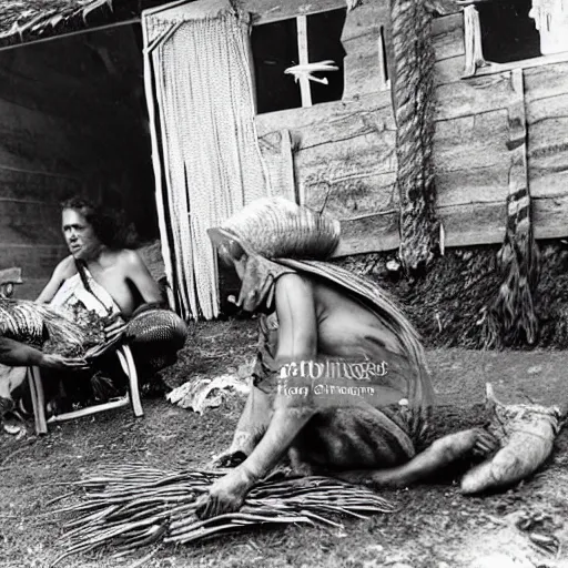 Image similar to a maori woman prepares weta carapaces outside her whare in the 1 9 4 0's.