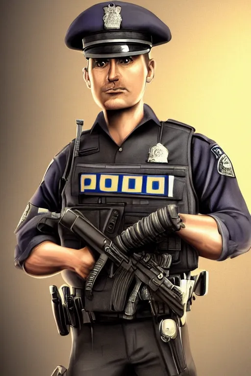 Image similar to london police officer heroically posing, highly detailed, digital art, sharp focus, trending on art station