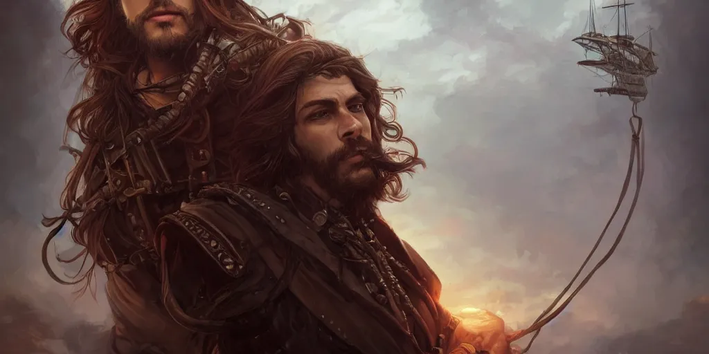 Image similar to 3 / 4 headshot of male airship pirate, d & d, handsome, fantasy, intricate, long hair, airship, steampunk, red hair, elegant, highly detailed, digital painting, artstation, concept art, smooth, sharp focus, illustration, art by artgerm and greg rutkowski and alphonse mucha