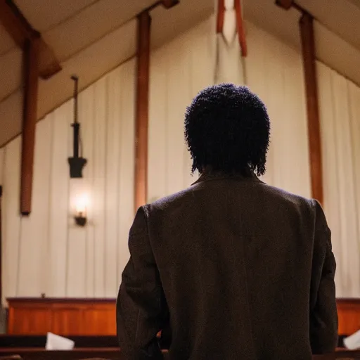 Image similar to cinematic still of Michael Jackson preaching at a Baptist Church in Rural Tennessee, close up, shallow depth of field, directed by Jordan Peele, cinematic