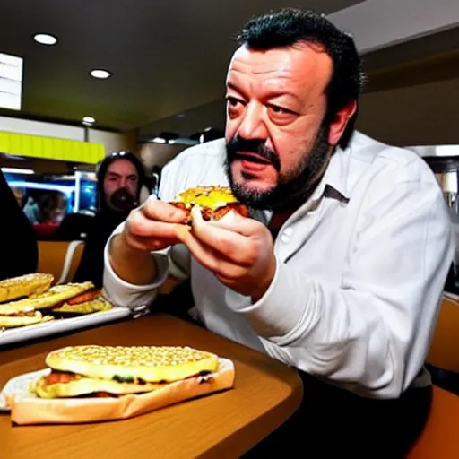 Image similar to Matteo Salvini eating a burger at McDonald’s, photograph, paparazzi