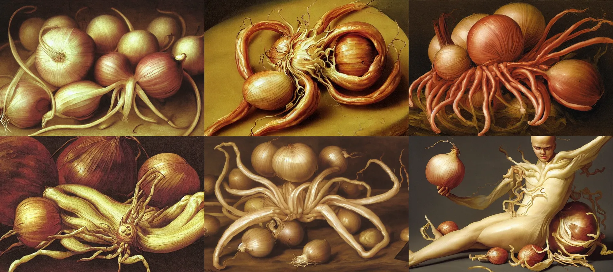 Prompt: undulating onion spider, baroque painting, pulsating fleshy mass of legs and onion, detailed