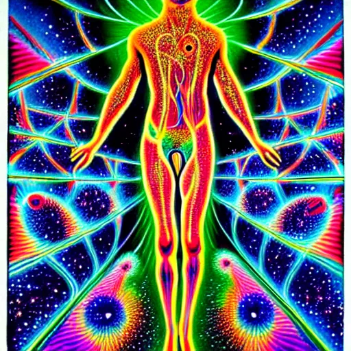 Image similar to A psychedelic silhouette of a human body filled with the universe, planets, stars and galaxies in the style of Alex Grey